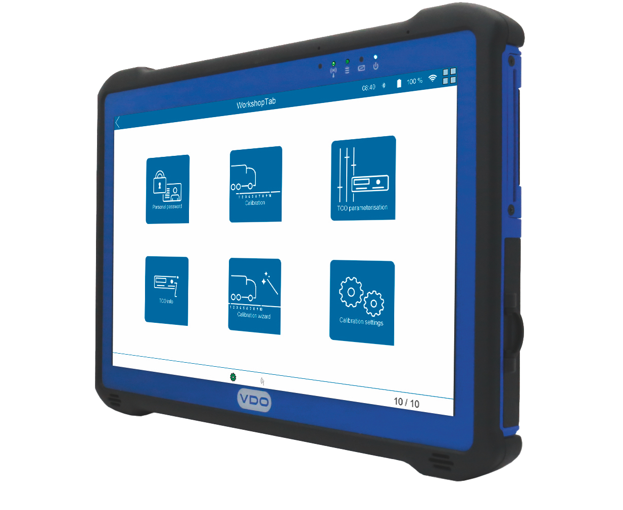 Seitenansicht des WorkshopTab 2 von VDO mit geöffneter Software. Icons zeigen verschiedene Funktionen - wie beispielsweise die Kalibrierung der Fahrzeuge - an.