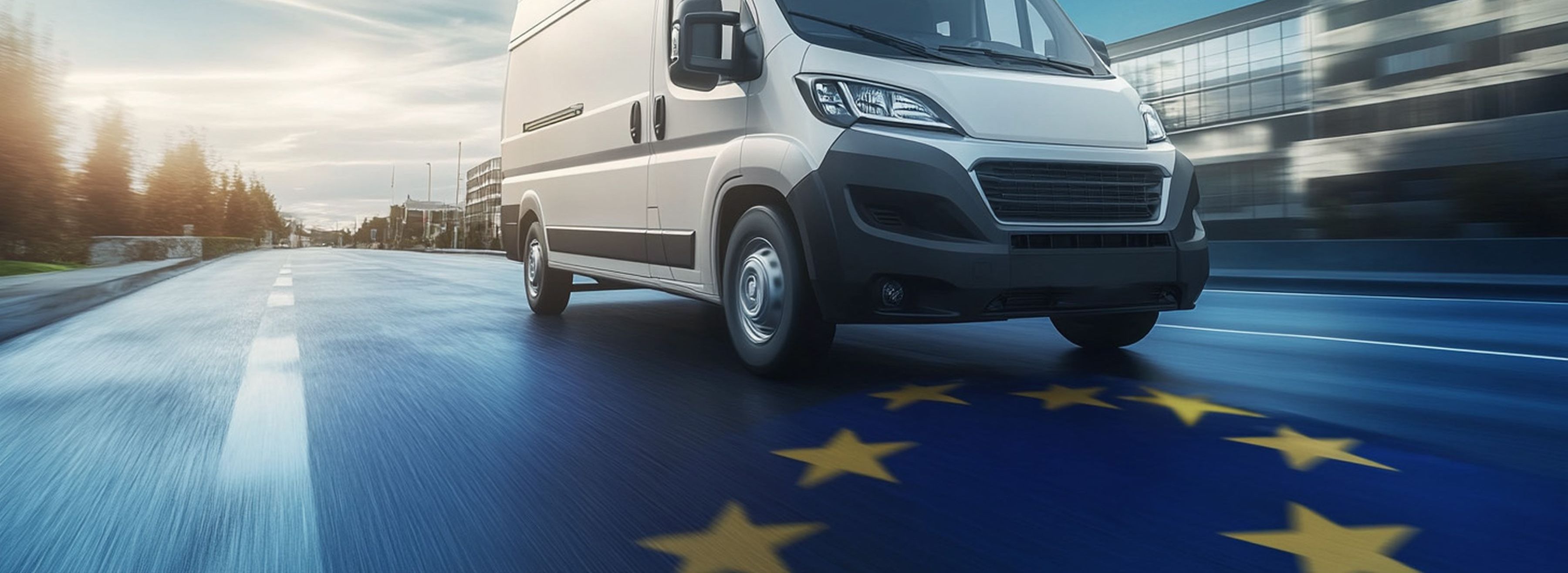 AI-generated image of a white van driving along a city street. The street is tinted in blue with yellow stars to depict the flag of the European Union.